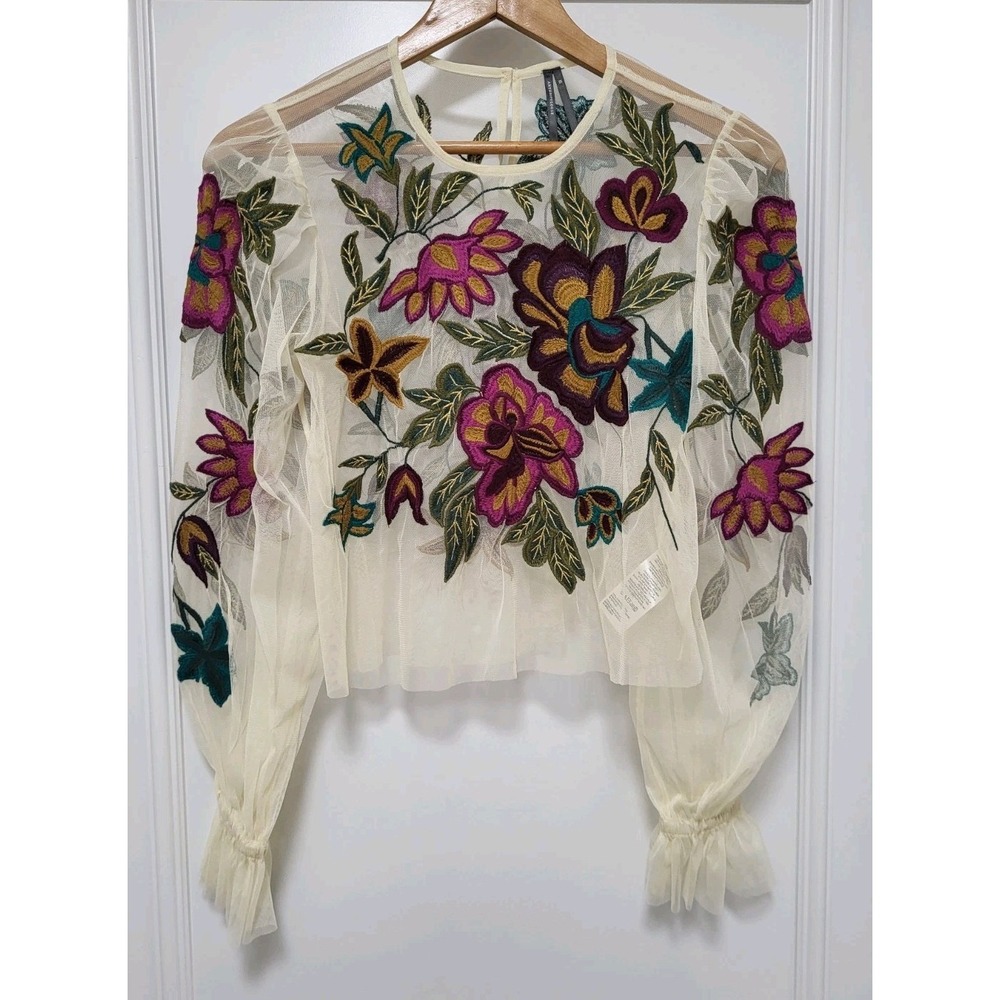 By Anthropologie Layla Sheer Multicolor Floral Embroidered Garden Fairy Top XS - Picture 1 of 7